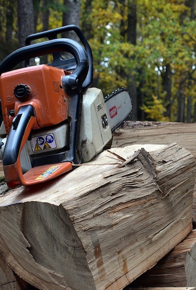 Stihl Gas Chainsaw sitting on top of a pile of split wood